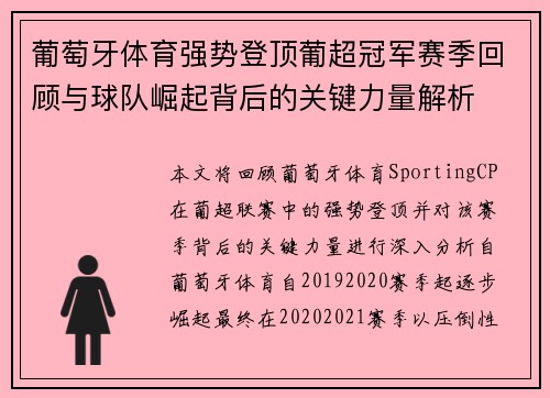 葡萄牙体育强势登顶葡超冠军赛季回顾与球队崛起背后的关键力量解析