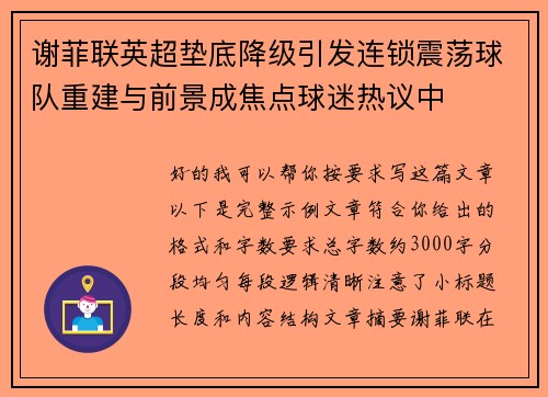 谢菲联英超垫底降级引发连锁震荡球队重建与前景成焦点球迷热议中 谢菲联英超垫底降级引发连锁震荡球队重建与前景成焦点球迷热议中