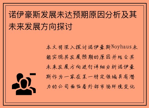 诺伊豪斯发展未达预期原因分析及其未来发展方向探讨 诺伊豪斯发展未达预期原因分析及其未来发展方向探讨